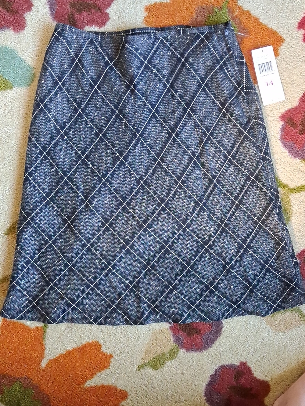 villager Navy Diamond-Grid A-Line Skirt with Metallic Accent
